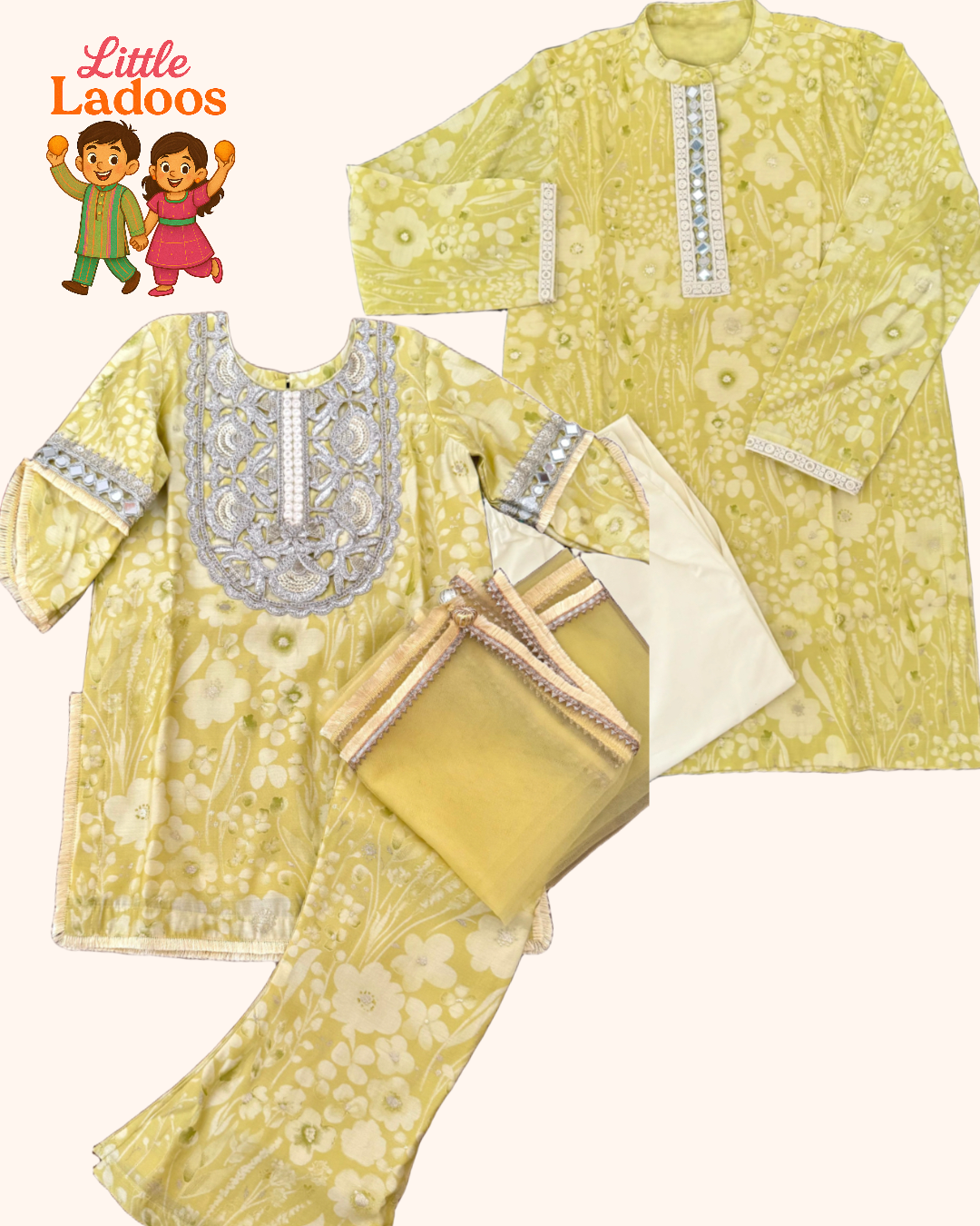 Soft Lime Chanderi Family Set