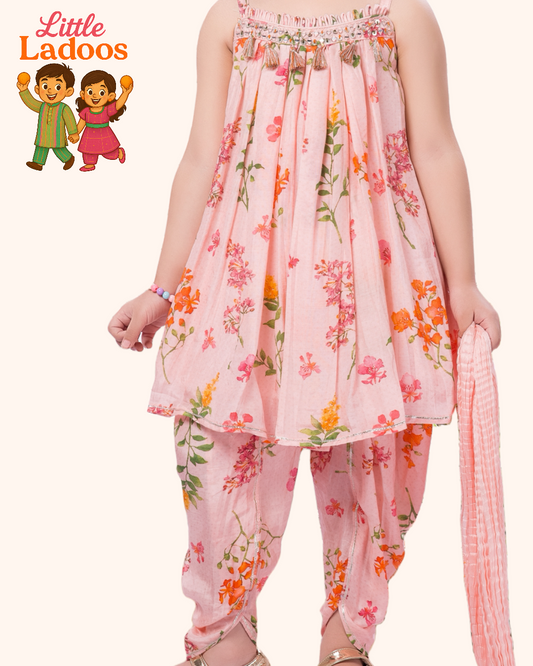 Peach Floral Dhoti Set