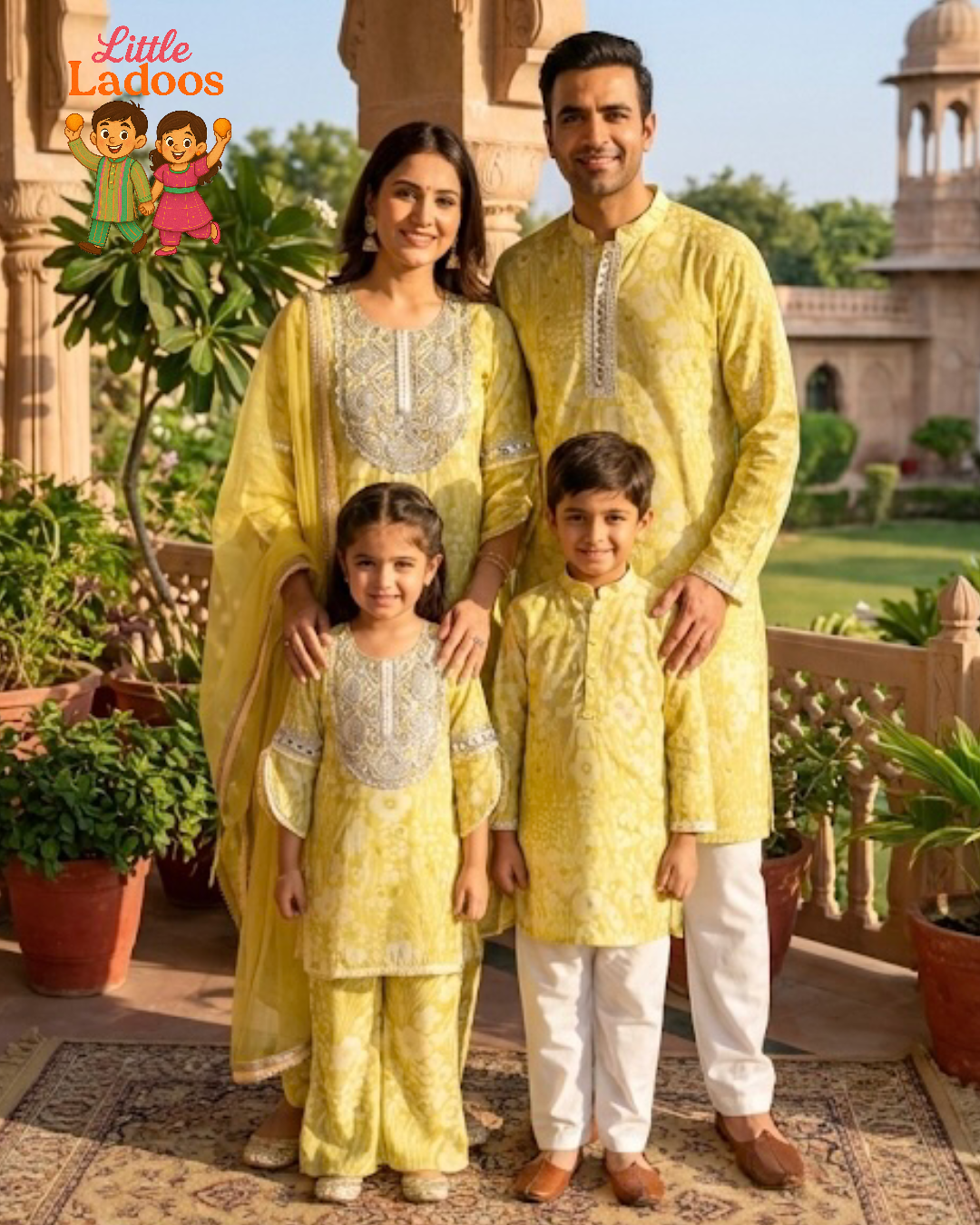 Soft Lime Chanderi Family Set